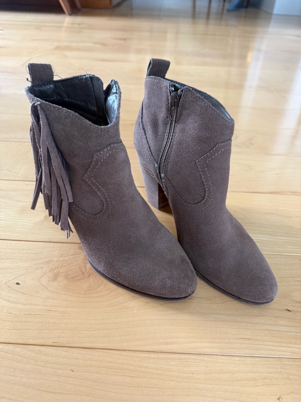 Steve Madden Taupe Suede Fringe Ankle Booties with Stacked Heel